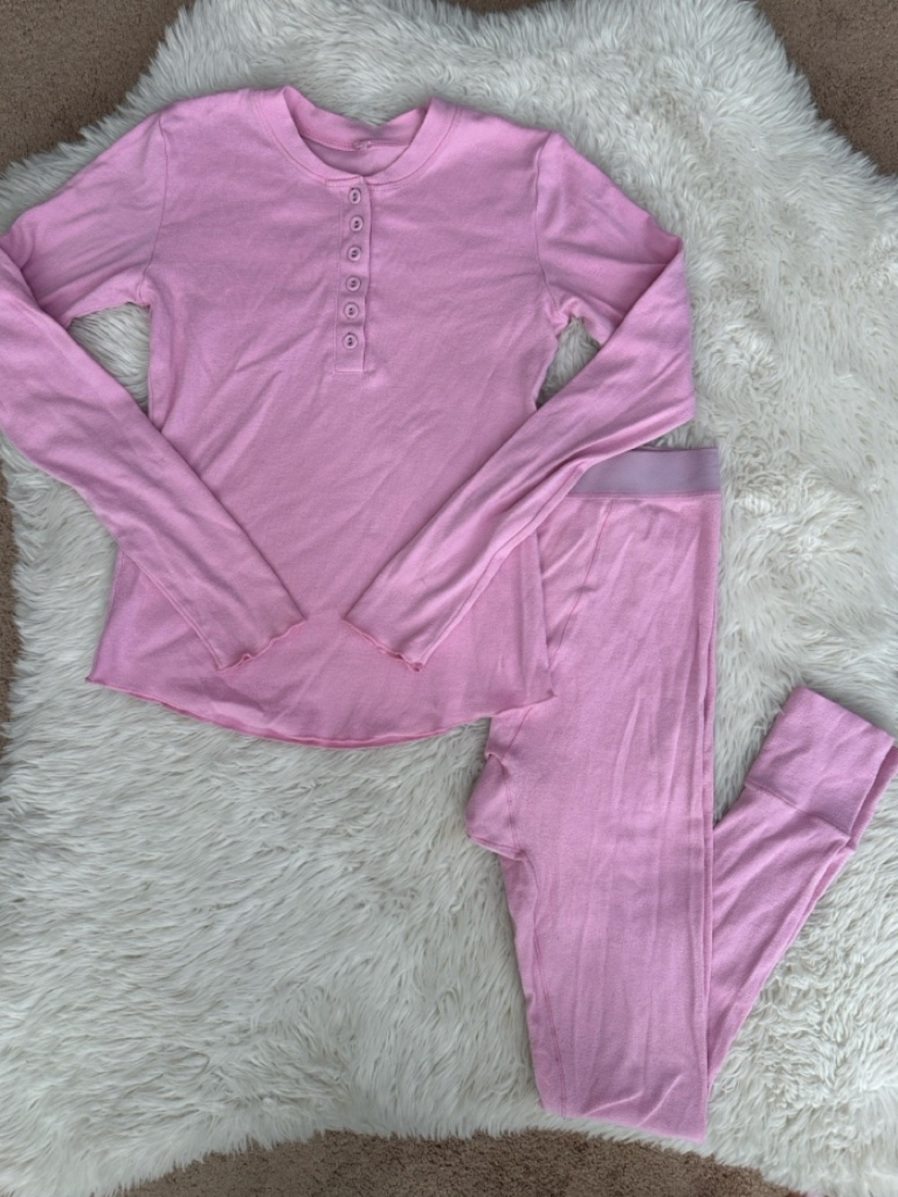 SKIMS Pink Ribbed Henley Top & High-Waist Leggings Set